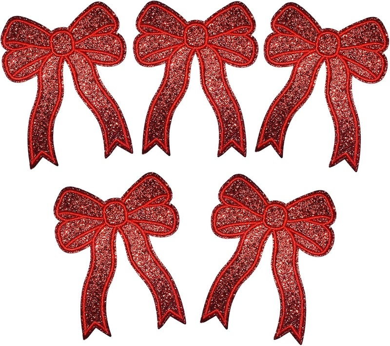 CY 5pcs Red Glitter Sequin Bow Embroidered Patches - Iron On or Sew On - Glamorous DIY Decorative Accessories for Girls Women Clothes Backpacks Jackets - Image 1